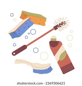 Brush and sponges accessories for cleaning bathroom and toilet room with antibacterial detergent