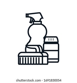 brush spray bottle and detergent box line style icon design, Cleaning service wash home hygiene equipment domestic interior housework and housekeeping theme Vector illustration