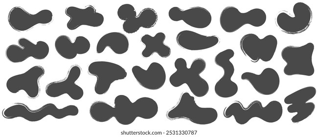 Brush stains, abstract paint shapes with grunge texture. Round black ink splashes. Irregular organic blobs set. Oval liquid rough elements. Doodle blot blocks,