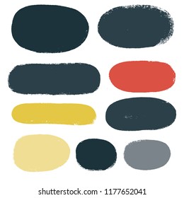 brush stains set backgrounds. Paint tag strokes grunge collection. Set of bright grungy hand painted brush pathes isolated on white. Abstract ink texture, design elements borders or frames.