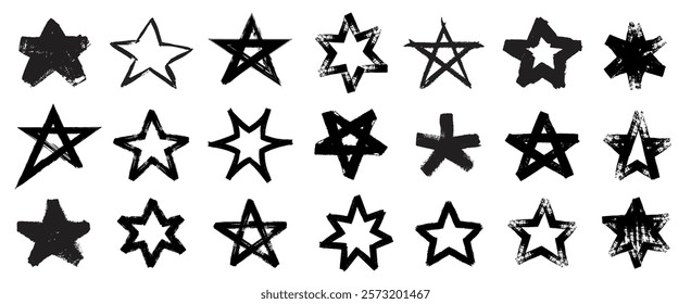 Brush stars. Graffiti star strokes, hand drawn grunge sketch starburst icons, retro doodle pencil scribble explosion and sparkle bold brush paint elements. Vector isolated set.