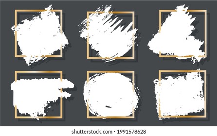 Brush stoke abstract white spots set hand drawn with ink, shadow and gradient golden frames. For text, advertising posters and stickers, company logo, decorative element. For wedding cards, sta