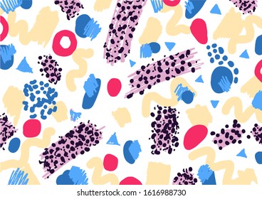 Brush stoke, marker, pencil stroke backdrop. Abstract hand drawn background. Vector artwork. Memphis vintage, retro style.Children,kids sketch drawing. Pink, yellow, blue, black, white colors. 