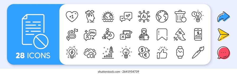 Brush, Stress and Consulting line icons. Interest rate, AI generate, Inflation icons. Pack of Disaster, Checkbox, World planet icon. Development plan, Inspiration, Wrong file pictogram. Vector
