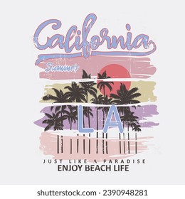 Brush stripe with California summer LA loss angels slogan palm tree and sun vector graphic tee beach vibes