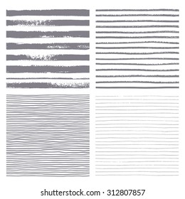 Brush stripes vector seamless pattern. Set of thin and thick lines. Vector texture. Brush drawn - rough, artistic edges. Isolated silhouette strip. Four variations of the striped backgrounds. 