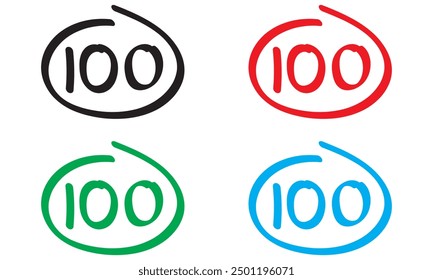 Trazo de pincel de 100 números de diseño de logotipo en diferentes colores. Negro, rojo, verde y azul.