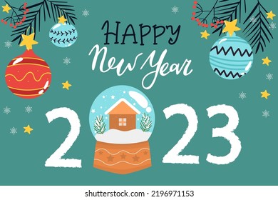 Brush stroke 2023 illustration for New Year greeting card. Vector template for banner, web, social network, cover and calendar. Grunge sign 2023 isolated with gifts.