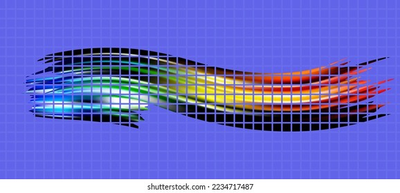 Brush stroke 3d. Multi-colored ink, watercolor, liquid paint. Colorful splash, dynamic flight, abstract element, artistic design stripe. Brush stroke behind frame, grid with purple background. Vector 