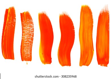 Brush stroke. Acrylic paint stain. Orange stroke of the paint brush isolated on white. EPS8