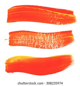 Brush stroke. Acrylic paint stain. Orange stroke of the paint brush isolated on white. EPS8