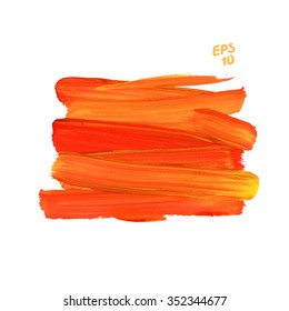 Brush stroke. Acrylic paint stain. Orange stroke of the paint brush isolated on white.