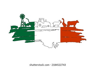 Brush stroke with agricultural icons textured by flag of Italy. Background for eco products.