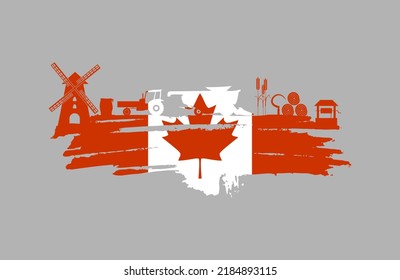 Brush stroke with agricultural icons textured by flag of Canada. Background for eco products.