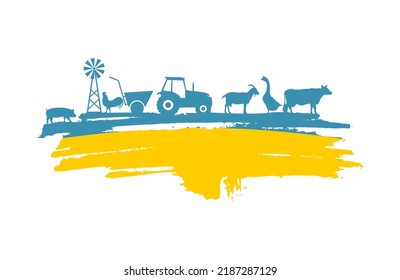 Brush stroke with agricultural icons textured by flag of Ukraine. Background for eco products.