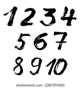 Brush stroke alphabet numbers digital style hand drawn doodle sketch. Numbers 1, 2, 3, 4, 5, 6, 7, 8, 9, 0 hand drawn with a brush. Vector illustration. Isolated on white background.