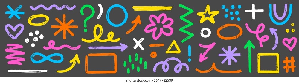 Brush stroke arrow, asterisk, geometric shape set. Hand drawn paint stroke, arrow, blob dot wave with grunge texture. Abstract round element, cute modern shape kid background. Vector illustration
