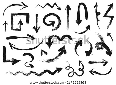 Brush stroke arrows. Hand drawn ink arrow shapes with grunge texture. Curved, wavy, spiral, turn and zigzag directional pointers, graffiti style textured vector set.