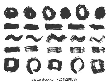 Brush stroke background. Isolated dirty texture elements with paint splashes, grainy detail and grunge ink shapes. Artistic banner set with black strokes for modern design, paper frame or textured ske