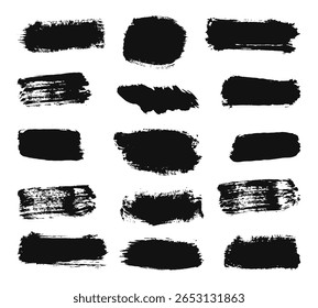 Fondo de trazo de pincel. Elementos de textura sucia aislados con salpicaduras de pintura, detalles granulados y Formas de tinta grunge. Conjunto de Anuncio artístico con trazos negros para diseño moderno, marco de papel o ske texturizado