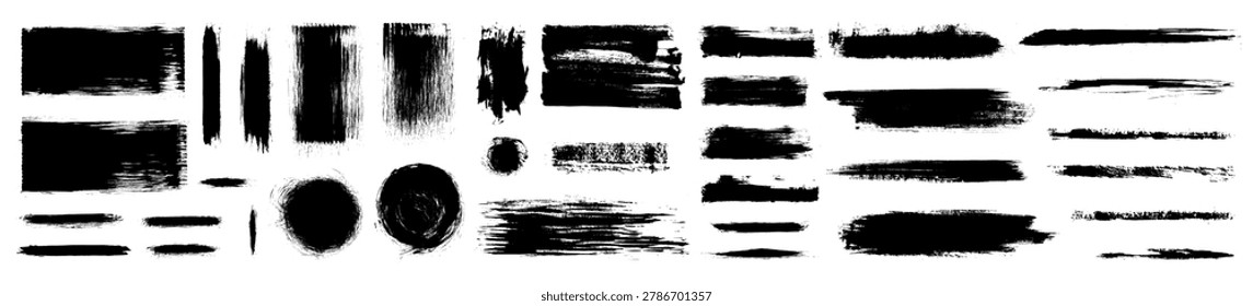 Brush stroke background set. Rough vector paint lines. Vintage letterpress texture. Dirty lino print effect black ink rectangles, dry grunge brushstrokes. Urban glitch noise. Japanese calligraphy splatter