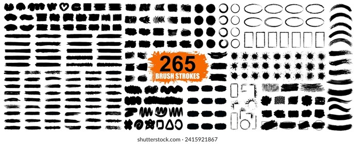 Brush stroke big set, grunge frame border, wavy and swirled brush strokes pattern, freehand drawings, ink splatters, bold curved lines and squiggles marker stripe, scratchy strokes with rough edges