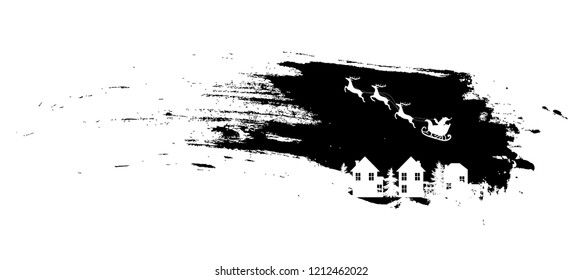 brush stroke of black paint with Christmas Eve illustration on it. santa claus sleigh in the sky and sleeping snowy town