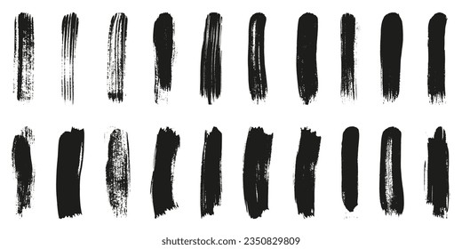 Brush Stroke Black Paint Set. Hand Drawn Splatter. Paintbrush Splash, Brushstroke Grunge Texture. Abstract Design Element on White Background. Isolated Vector Illustration.