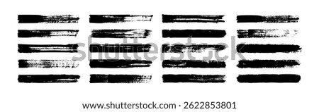 Brush stroke. Black paintbrush. Hand drawn horizontal textured grunge lines for text. Grange marker texture. Thick paint shapes, long highlight banners, ink brushes. Vector set.