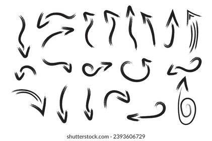 Colección de flechas gruesas de trazo de pincel Flechas negrita Flechas de cursor gruesas aisladas colocadas en negro vector Ilustración hacia arriba hacia abajo hacia la punta de flecha derecha izquierda