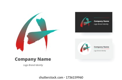 Brush stroke calligraphy hand written letter A logo, monogram. Vector gradient trendy brand identity mark. Business card templates included.