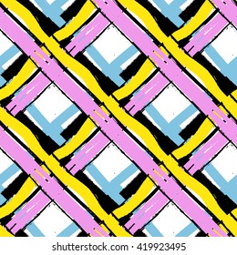Brush stroke checkered seamless pattern. Summer, spring vector freehand texture. Hand painted. Tartan