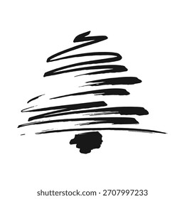 Brush stroke Christmas tree mark. Grunge ink xmas tree vector sketch. Marker hand draw Christmas tree icon. Ink brush Christmas tree silhouette.
