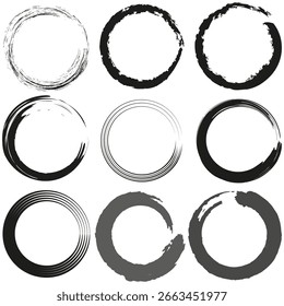 Brush stroke circles. Grunge ring elements. Artistic Vector shapes. Hand drawn design. EPS 10.