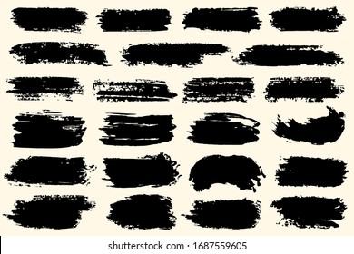 Brush stroke collection. Hand drawn black ink, paint, brushstroke smears set. Various freehand texture isolated on white background. Grunge concept design element group. Vector abstract decoration