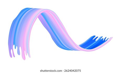 Brush stroke color. 3D abstract paint ribbon. Bright wave swirl in fluid gradient flow. Dynamic ink texture isolated on background. Modern rough twist in blue and pink for banner graphic design.