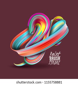 Brush stroke with colorful paints in twisted shape on maroon background 3d vector illustration