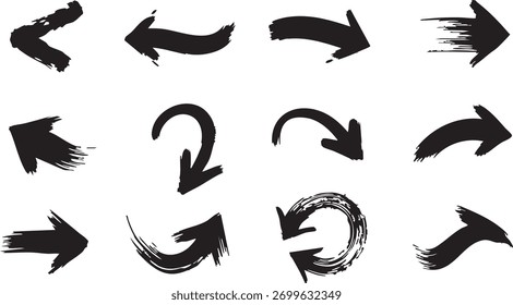 Traçado do pincel ícones do ponteiro direcional esboçar coleção de rabiscos.