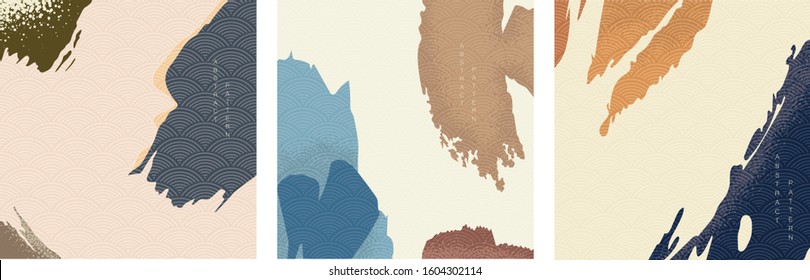 Brush stroke element with Japanese wave pattern vector. Artistic background. Abstract layout design.