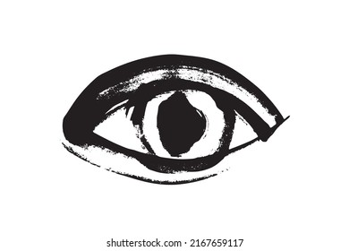 Brush stroke eye. Black ink vision icon, hand drawn grunge ophthalmologist symbol, rough stroke brush eyes sign, open eye vector illustration