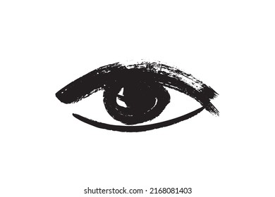 Brush stroke eye. Black ink vision icon, hand drawn grunge ophthalmologist symbol, rough stroke brush eyes sign, open eye vector illustration