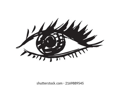 Brush stroke eye. Black ink vision icon, hand drawn grunge ophthalmologist symbol, rough stroke brush eyes sign, open eye vector illustration