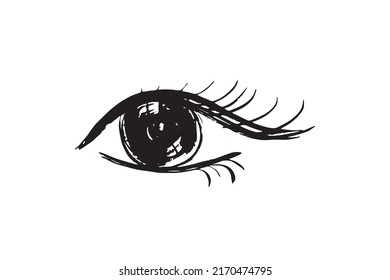 Brush stroke eye. Black ink vision icon, hand drawn grunge ophthalmologist symbol, rough stroke brush eyes sign, open eye vector illustration