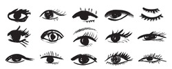 Brush Stroke Eye Set. Black Ink Vision Icon, Hand Drawn Grunge Ophthalmologist Symbol, Rough Stroke Brush Eyes Collection, Vector Illustration