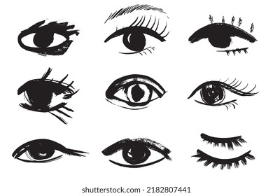 Brush stroke eye set. Black ink vision icon, hand drawn grunge ophthalmologist symbol, rough stroke brush eyes collection, vector illustration