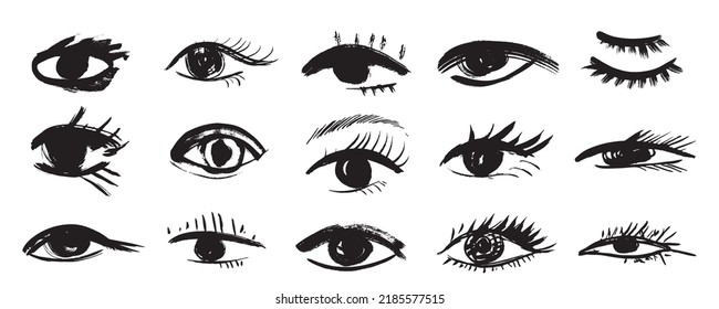 Brush stroke eye set. Black ink vision icon, hand drawn grunge ophthalmologist symbol, rough stroke brush eyes collection, vector illustration
