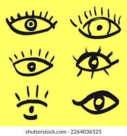 Brush stroke eye set, black ink vision icon.