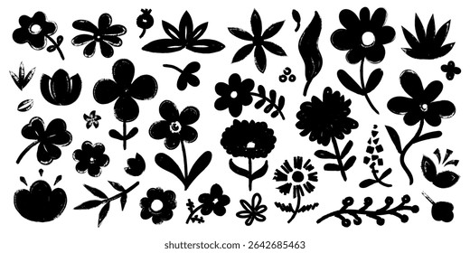 Brush stroke flower. Abstract floral silhouettes with paint brush strokes, monochrome blossom bouquet leaves stems grunge stencil art. Vector floristic isolated set.