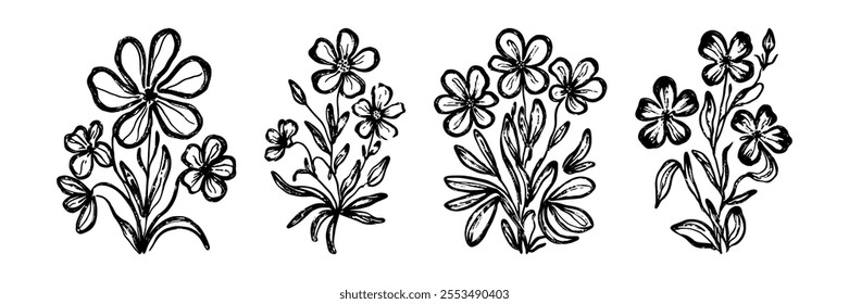 Brush stroke flowers. Hand drawn ink flower, primitive black paint abstract floral elements. Simple flowers in childish drawing naive style. Vector grunge abstract brush silhouettes.