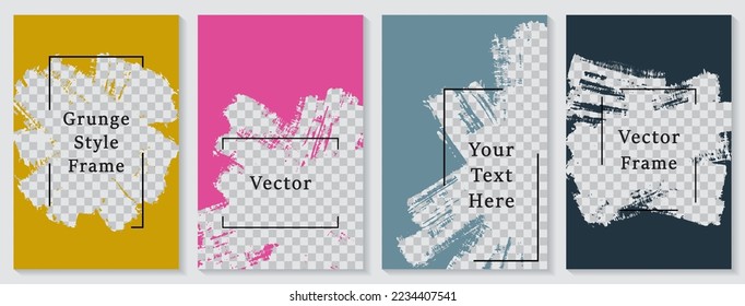 Brush stroke frame social media story post template set. Grunge banner design vector collection. Empty space transparent background. Social media story publication layouts.  Blank content banners